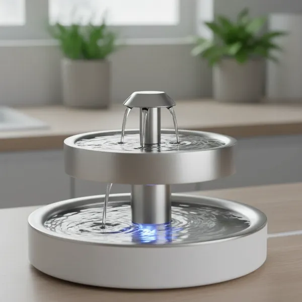 A modern, sleek electric pet water fountain with a bubbling or streaming water effect, showcasing its design.