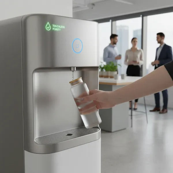 A sleek, modern touch-free office water dispenser in a bright breakroom, with a hand hovering over a sensor to activate water flow. 
