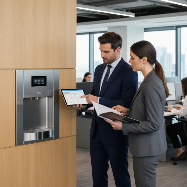 Business professionals discussing water dispenser selection for their office