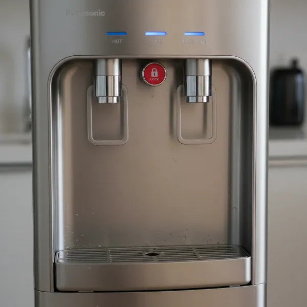 Close-up of a Panasonic water dispenser highlighting robust construction and safety features like child lock and stainless steel.