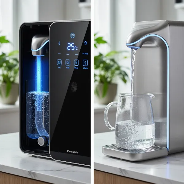 A collage or split image showcasing innovative features of Panasonic water dispensers like UV sterilization or digital touch controls.