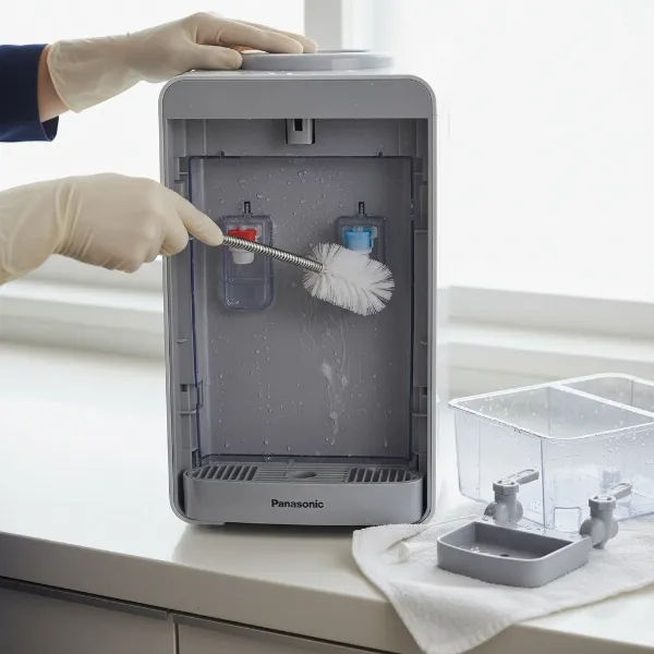 Hands cleaning the interior of a Panasonic water dispenser, focusing on hygiene and maintenance for longevity.