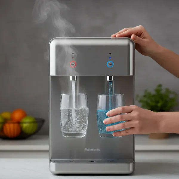 A person easily dispensing hot and cold water from a Panasonic water dispenser, showing consistent flow and user interaction.