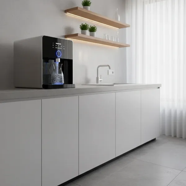 A sleek Panasonic water dispenser symbolizing quality and innovation, set in a modern kitchen environment.