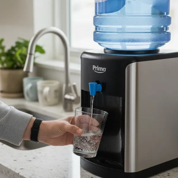 A person effortlessly filling a glass of water from a Primo top-loading dispenser, showcasing the convenience of instant hot and cold water.