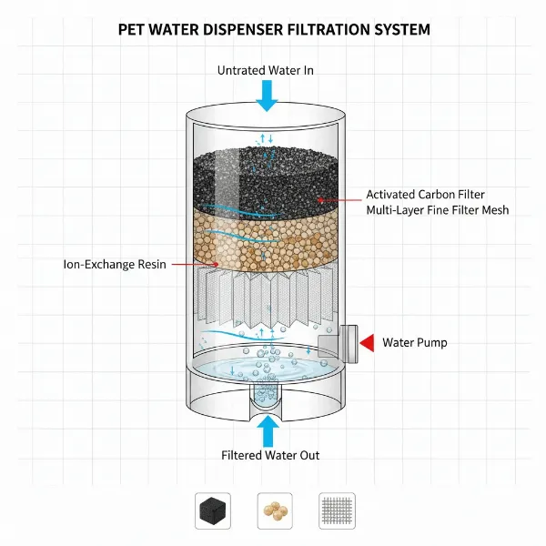 An illustration or cutaway view of a pet water dispenser's filtration system with activated carbon and multi-layer filters.