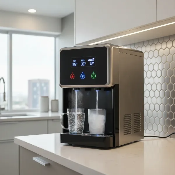 A sleek Primo Deluxe Bottom Loading Water Dispenser with digital display and three temperature spouts in a modern kitchen setting, highlighting its design and features.