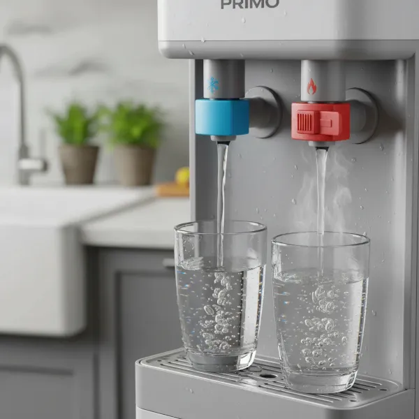 A Primo water dispenser providing both hot and cold water, with a child safety lock feature highlighted for peace of mind.