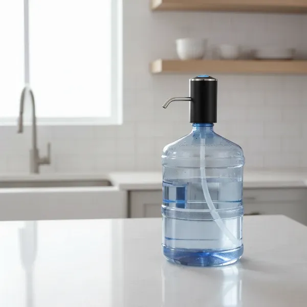 The Primo Portable Electronic Water Pump displayed compactly on a kitchen countertop next to a standard water jug.