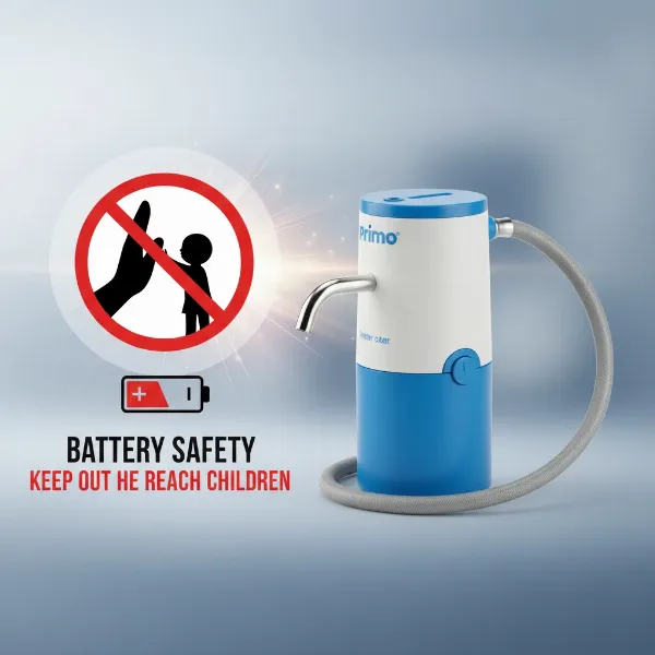 A visual representation of keeping the Primo water pump and its battery away from children.