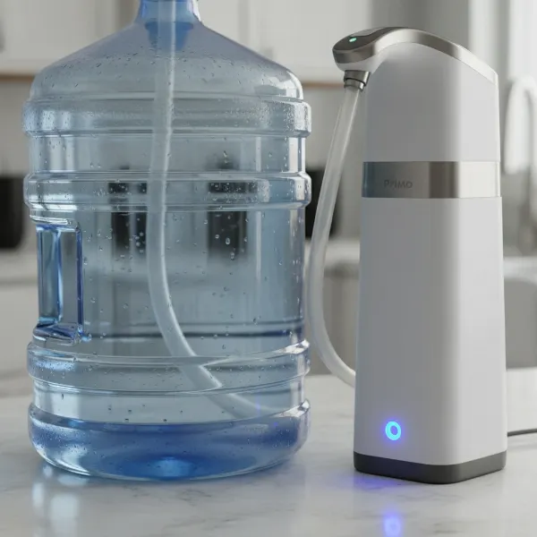 Close-up of the Primo water pump's dispensing hose reaching into a jug and a subtle light feature.