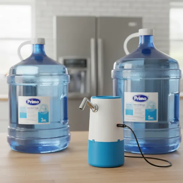 The Primo water pump connected to a USB-C charger, with a visual indicating compatibility with 3 and 5-gallon jugs.