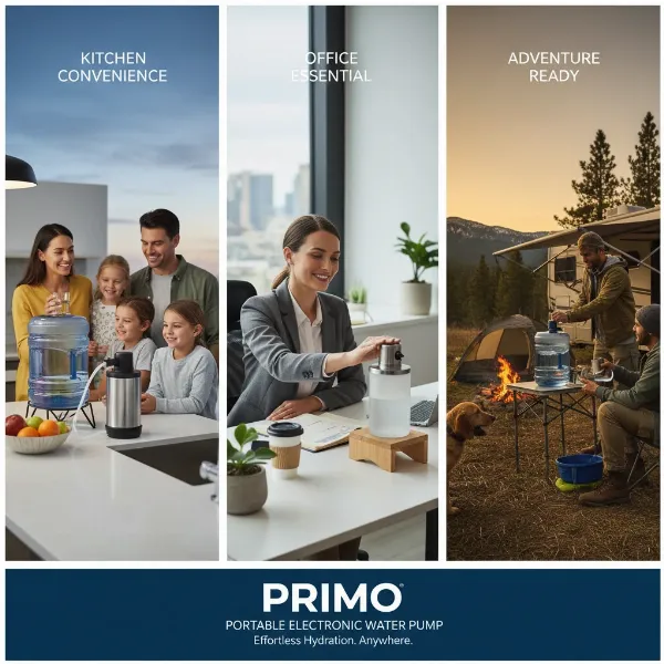 Collage or scene showing the Primo water pump used in a kitchen, an office, and a camping setup.