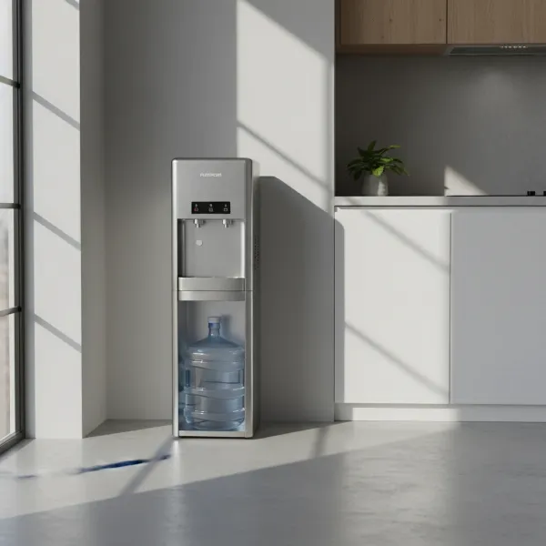 A sleek PureStream Value Choice bottom load water dispenser in a modern kitchen, highlighting its durable design.