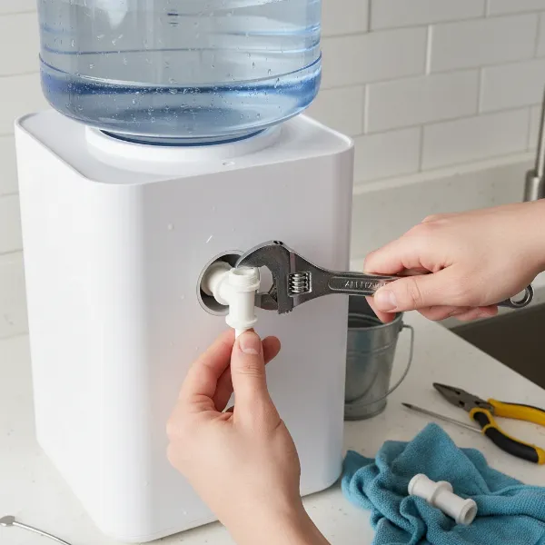Hands demonstrating the process of replacing a water dispenser spigot with a new one