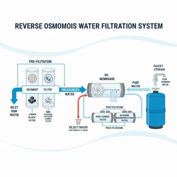 Simplified diagram illustrating the multi-stage process of a reverse osmosis water filtration system within a water dispenser.