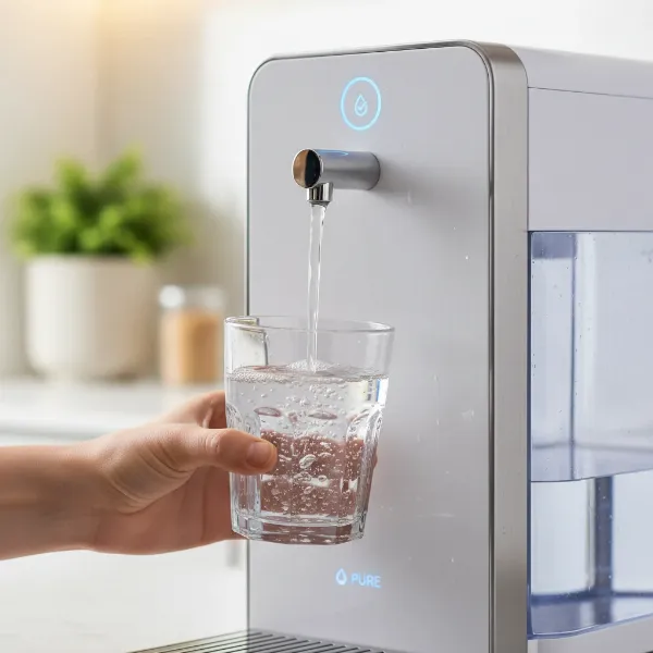 Image of a modern water dispenser providing clean, purified water safely, emphasizing user's trust.