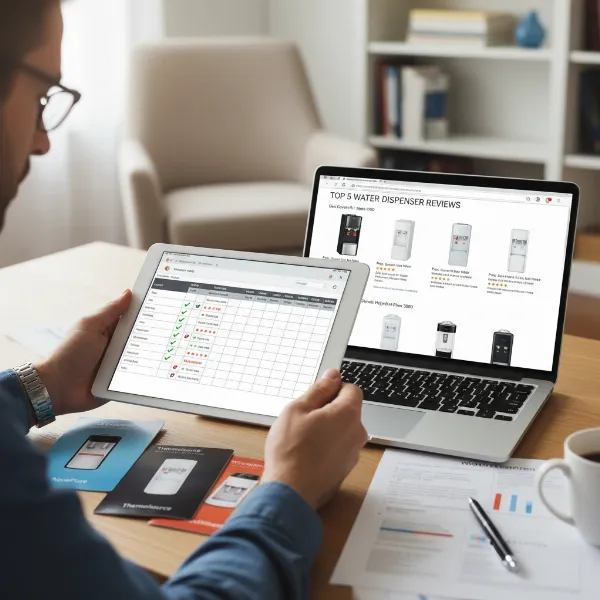 A person thoughtfully comparing features and specifications on a tablet or laptop screen, next to various water dispenser brochures, symbolizing the selection process.