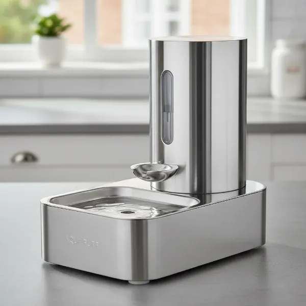 A durable and hygienic stainless steel pet water dispenser, highlighting its clean, non-porous surface.