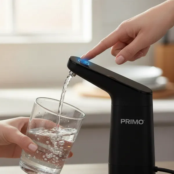 A hand pressing the smart touch control of the Primo water pump to dispense water into a glass.