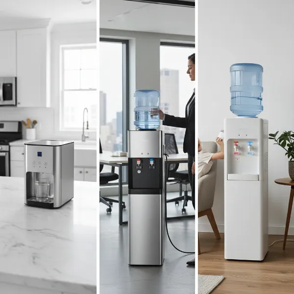 Collage showing different types of water dispensers: countertop, freestanding bottleless, and bottled, in various home and office settings.