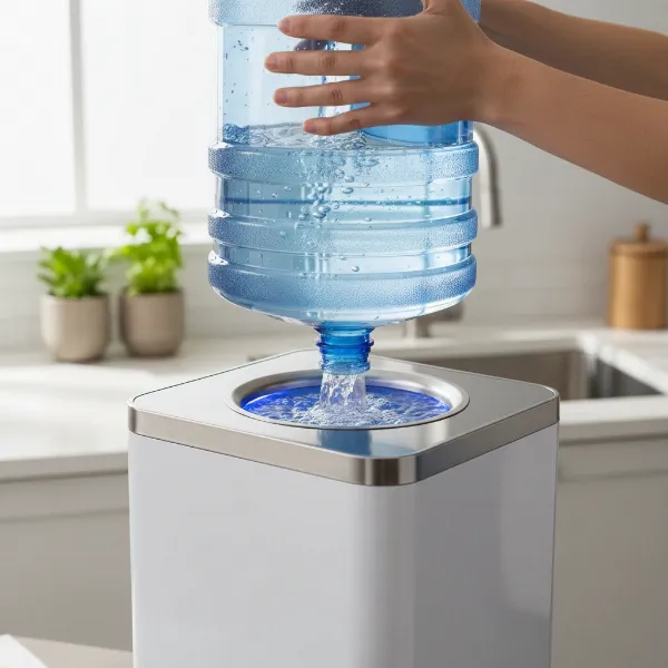 A person properly installing a large water bottle onto a dispenser unit.