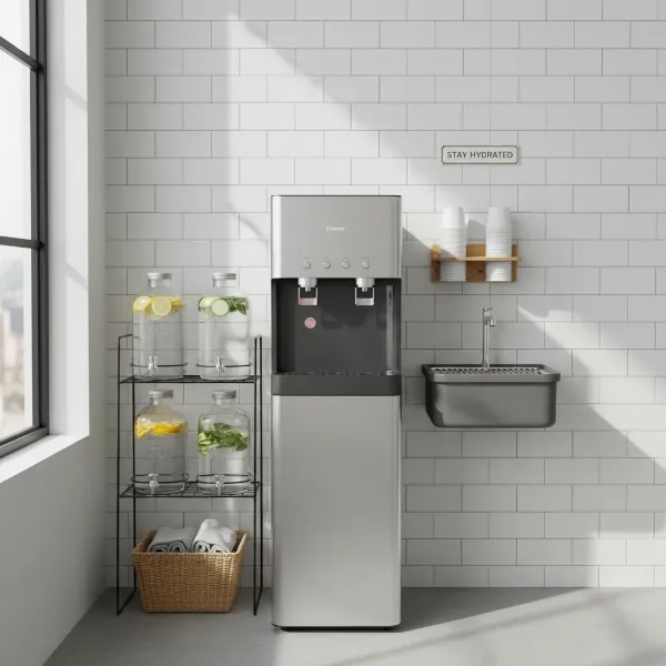 A neatly organized water dispenser station with various accessories like a cup holder, bottle rack, and drip tray.