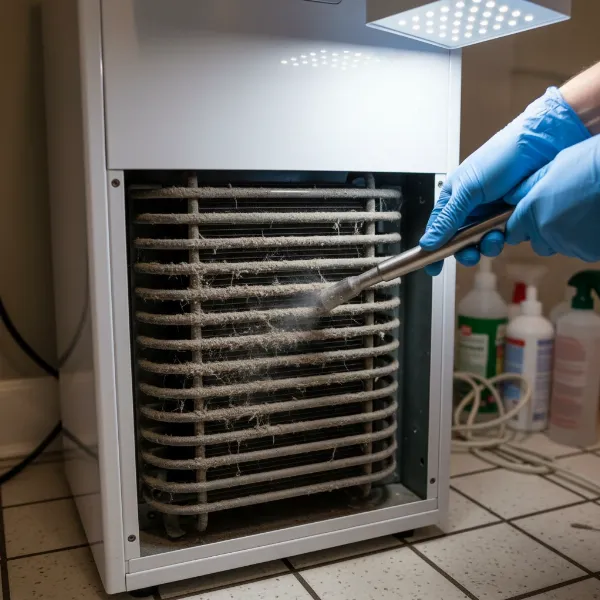 Person cleaning dirty condenser coils of a water dispenser with a vacuum cleaner.