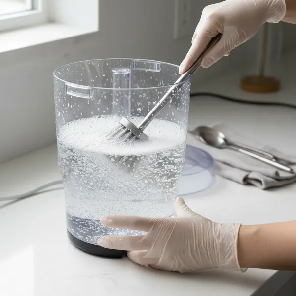 A person carefully cleaning the internal reservoir of a water dispenser with a white vinegar solution, focusing on hygiene and longevity, bright kitchen setting