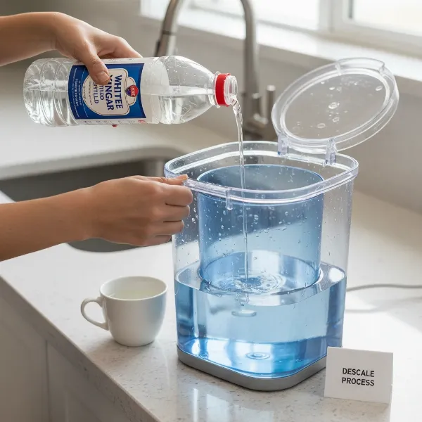 Hand pouring vinegar solution into a water dispenser's reservoir for descaling.