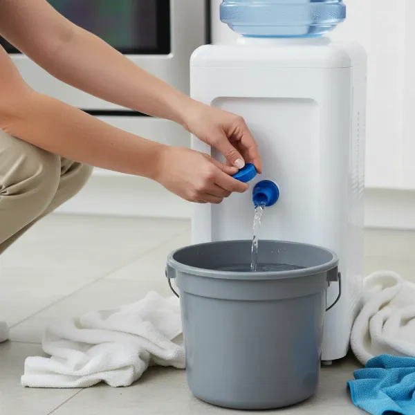 Image showing a person carefully draining a water dispenser into a bucket.