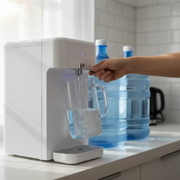 A person flushing a new water dispenser, holding a large pitcher under the spout to collect the water, with clean water bottles in the background, illustrating the initial setup and cleaning process to remove plastic taste.
