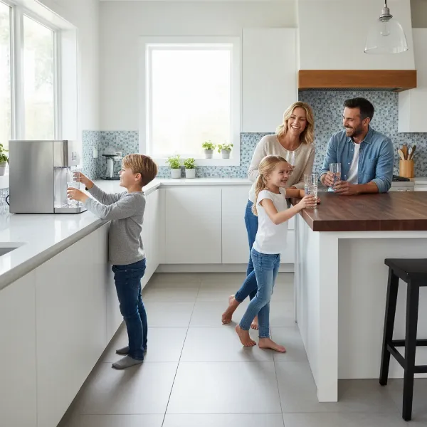 A family enjoying refreshing cold water and ice from a modern water dispenser with built-in ice maker in a bright kitchen setting, highlighting convenience and family use.