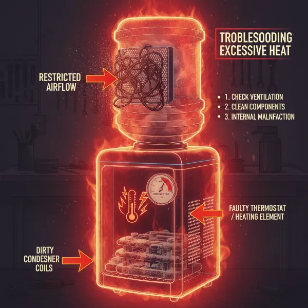 Illustration of a water dispenser showing common overheating issues like poor ventilation, dirty coils, and thermostat problems.
