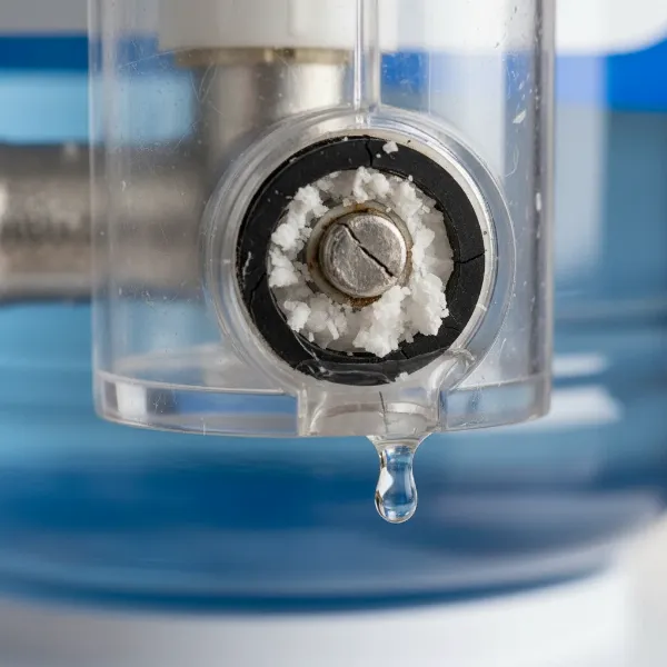 Close-up of a leaking water dispenser tap showing worn seals and mineral buildup