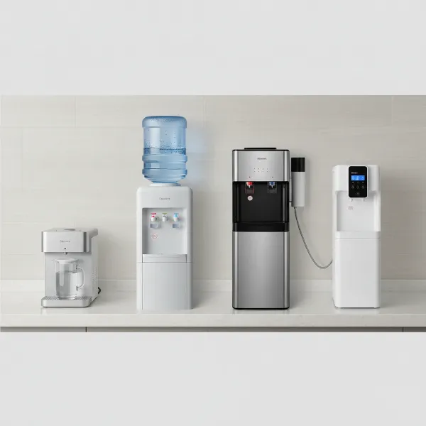A visual comparison of different water dispenser types: countertop, top-loading, bottom-loading, and bottleless models.