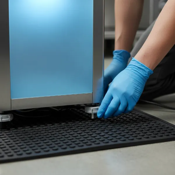 A water dispenser being stabilized on a level surface with a rubber mat underneath, reducing vibrations and noise