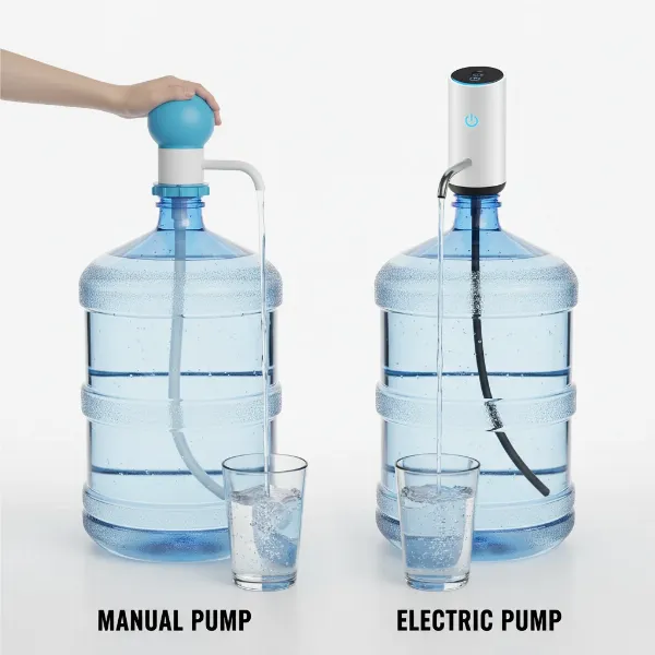 A side-by-side comparison of a manual water pump and an electric water pump for 5-gallon bottles