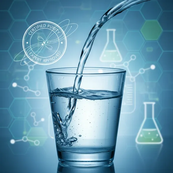 A conceptual image representing water purification and expert knowledge, with clean water flowing and analytical elements in the background.
